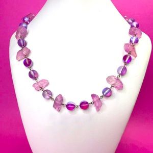 Dyed Quartz Pink with Opalite Crystal Gemstone Necklace handmade NWT